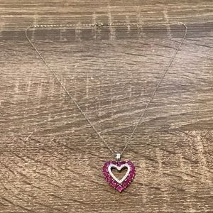 Sterling Silver Pink & Clear Gemstones Heart Pendant & Chain Necklace 18" Long